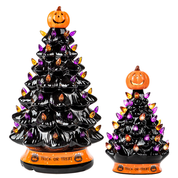 RJ Legend 15-INCH + 9-INCH Ceramic Decoration Tree Bundle, Cordless with Multicolor LEDs - Halloween Series